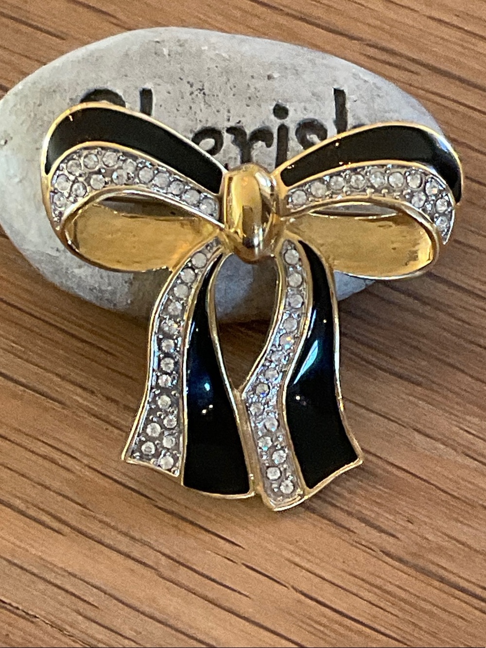 Vintage Butler Signed Gold and Black Enamel Bow Brooch with Crystals